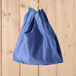 コットンリネンのショッピングバッグ【Sサイズ】◆とても小さい巾着付き◆ブルー 4枚目の画像