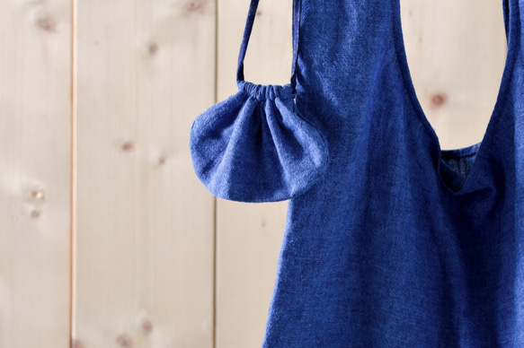 コットンリネンのショッピングバッグ【Sサイズ】◆とても小さい巾着付き◆ブルー 6枚目の画像