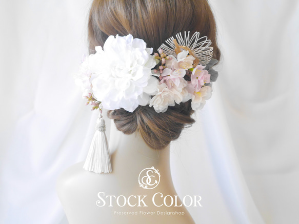 ダリアと八重桜のヘッドドレス ヘアアクセサリー(アイボリーピンク)＊結婚式 成人式 ウェディング 前撮り 髪飾り 1枚目の画像