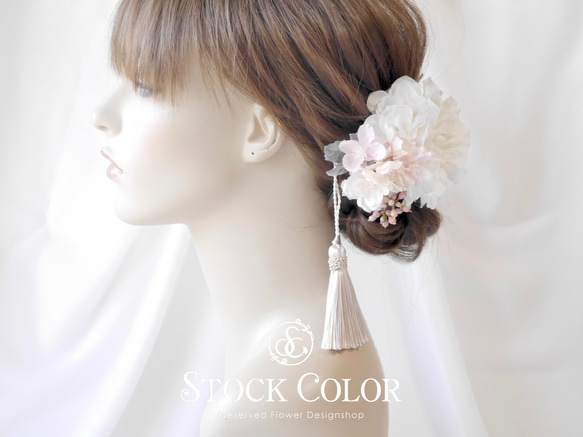 ダリアと八重桜のヘッドドレス ヘアアクセサリー(アイボリーピンク)＊結婚式 成人式 ウェディング 前撮り 髪飾り 3枚目の画像