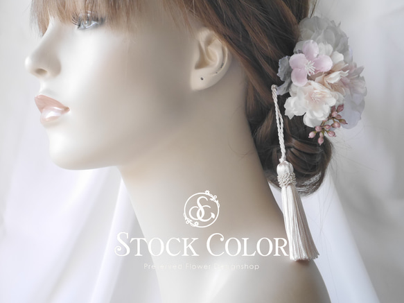 ダリアと八重桜のヘッドドレス ヘアアクセサリー(アイボリーピンク)＊結婚式 成人式 ウェディング 前撮り 髪飾り 4枚目の画像