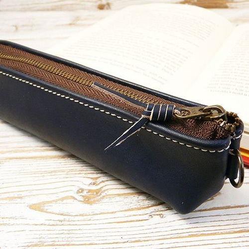 送料無料 可愛い舟形レザーペンケース 革筆箱 lsy08 ネイビー