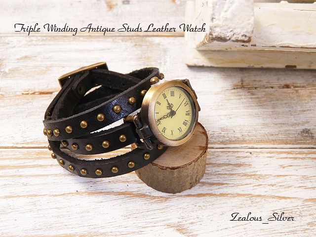送料無料 3重巻き アンティークスタッズレザーウォッチ lwc07 ブラック