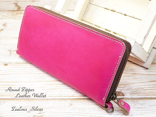 送料無料 ラウンドファスナー 革 長財布 lwt34 手染めピンク