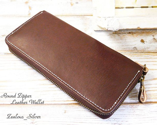 送料無料 ラウンドファスナー 革 長財布 lwt34 手染めDブラウン 長財布