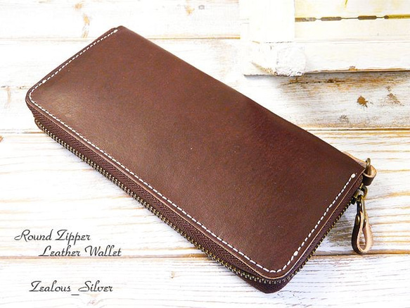 本革　長財布　濃ブラウン　ハンドメイド 送料無料 ラウンドファスナー 革 長財布 lwt34 手染めDブラウン 長財布