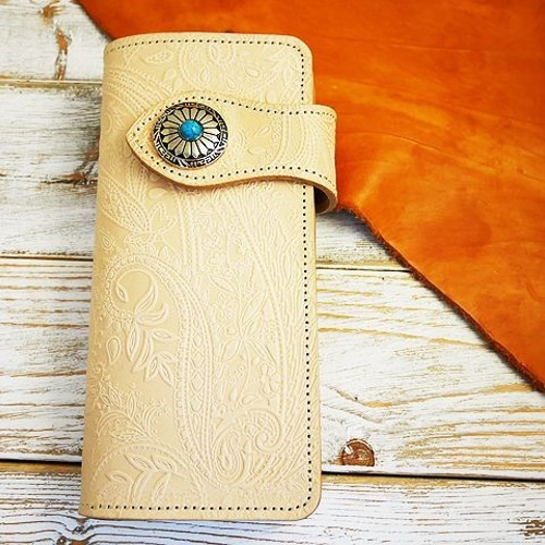 ペイズリー柄 ヌメ革 3つ折りバイカーズ レザーウォレット タンロー