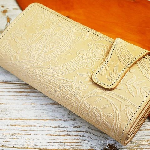 送料無料ペイズリー柄 ヌメ革 バイカーズ レザーウォレット  