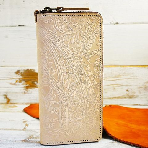 送料無料 ペイズリー柄 ヌメ革 ラウンドファスナーレザーウォレット  