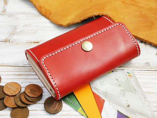 送料無料 ３つ折り 2way カードコインレザーケース ハンドメイド 本ヌメ 姫路レザー レッド