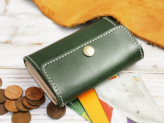 送料無料 ３つ折り 2way カードコインレザーケース ハンドメイド 本ヌメ 姫路レザー グリーン