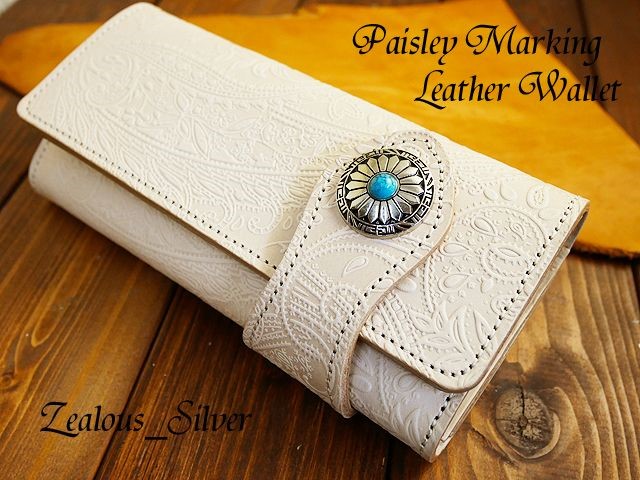 送料無料 ペイズリー柄 ヌメ革 バイカーズ レザーウォレット ハンドメイド 姫路レザー ターコイズコンチョ  タンロー