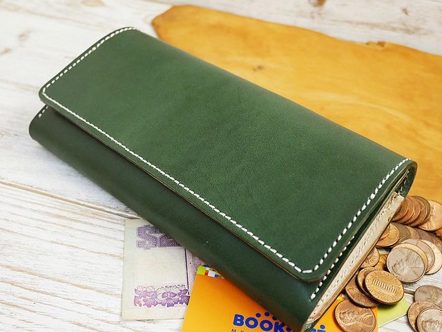 送料無料 コインが大きく開く!! 3つ折りロングウォレット 本ヌメ革 ハンドメイド 姫路レザー lwt36 グリーン