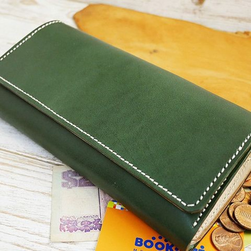 送料無料 コインが大きく開く!! 3つ折りロングウォレット 本ヌメ革  