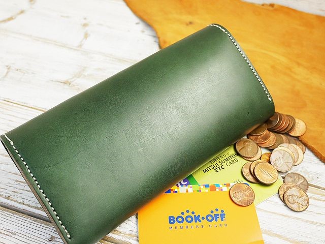 送料無料 コインが大きく開く!! 3つ折りロングウォレット 本ヌメ革 ハンドメイド 姫路レザー lwt36 グリーン