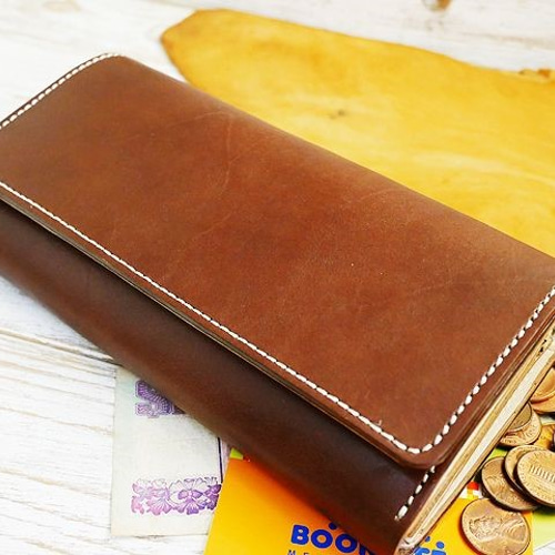 送料無料 コインが大きく開く!! 3つ折りロングウォレット 本0ヌメ革  
