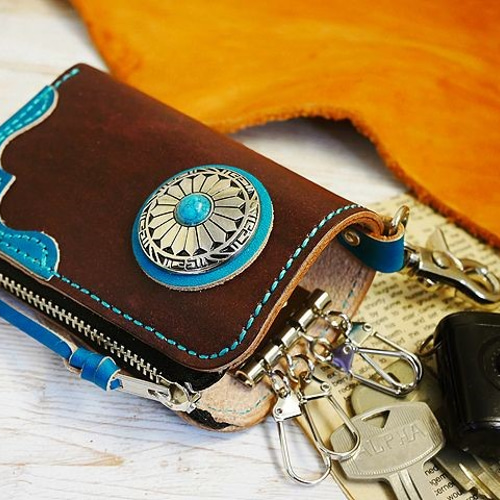 コロンとフォルム!!ハーフジッパー レザーキーケース ターコイズ