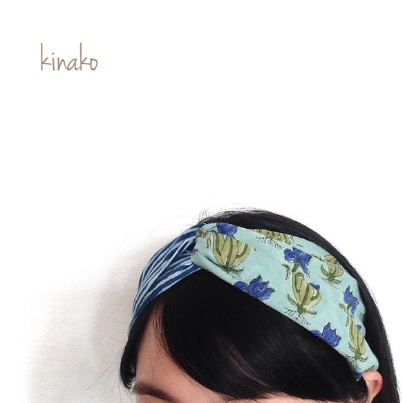 インド綿のやわらかヘアバンド  青い花×ボーダー 3枚目の画像