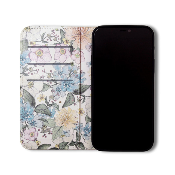 【両面デザイン】 iPhoneケース 手帳型 レザーケース カバー（花柄×ブラック）パステルフラワー　ボタニカル 15 2枚目の画像