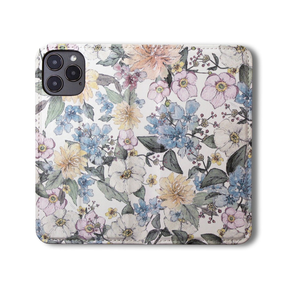 【両面デザイン】 iPhoneケース 手帳型 レザーケース カバー（花柄×ブラック）パステルフラワー　ボタニカル 15 3枚目の画像