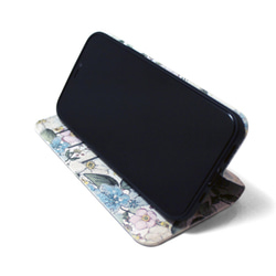 【両面デザイン】 iPhoneケース 手帳型 レザーケース カバー（花柄×ブラック）パステルフラワー　ボタニカル 15 4枚目の画像