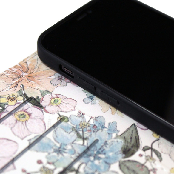 【両面デザイン】 iPhoneケース 手帳型 レザーケース カバー（花柄×ブラック）パステルフラワー　ボタニカル 15 6枚目の画像