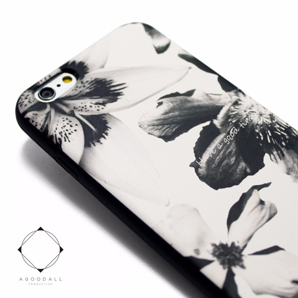 iphone6ケース / iphone6sケース（4.7寸用）レザーケースカバー（花柄×ブラック）ホワイトフラワー 1枚目の画像