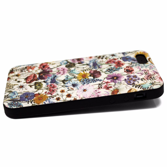 iphone5/iphone5s/iphoneSEケース☆軽量レザーケースカバー（花柄×ブラック）ワイルドフラワー 2枚目の画像