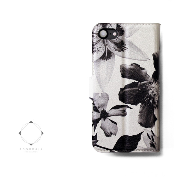 【両面デザイン】 iphoneケース 手帳型 レザーケース カバー（花柄×ブラック）ホワイトフラワー　モノクロ 2枚目の画像