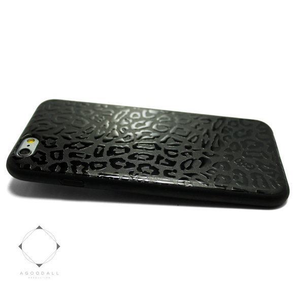 iphone6ケース / iphone6sケース 特殊グロス加工 レザーケースカバー（レオパード×ブラック） 1枚目の画像