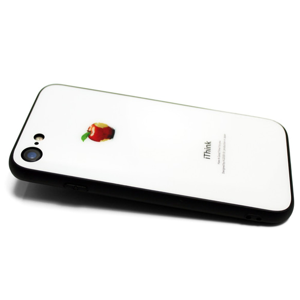 【曲げても落としても割れないガラス】 iphoneケースカバー（ホワイト×ブラック）赤リンゴ　耐衝撃 4枚目の画像