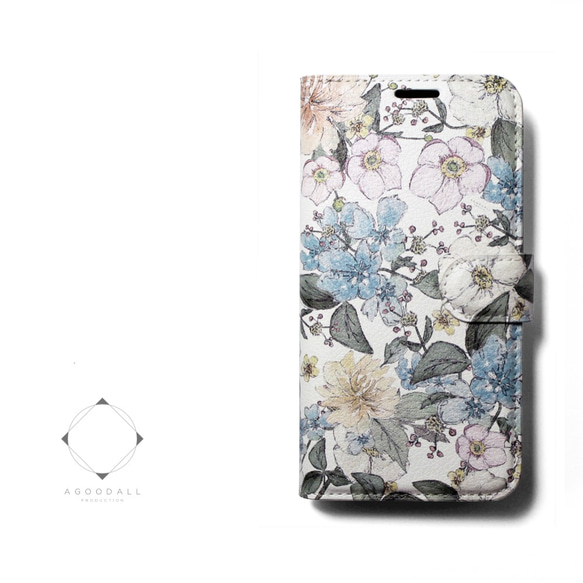 【両面デザイン】 iphoneケース 手帳型 レザーケース カバー（花柄×ブラック）パステルフラワー　ボタニカル SE3 1枚目の画像