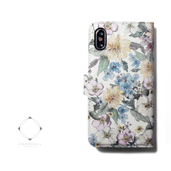 【両面デザイン】 iphoneケース 手帳型 レザーケース カバー（花柄×ブラック）パステルフラワー　ボタニカル SE3 2枚目の画像