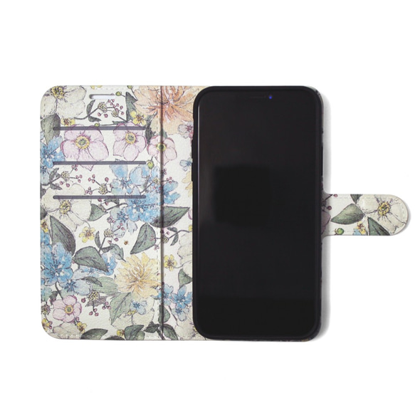 【両面デザイン】 iphoneケース 手帳型 レザーケース カバー（花柄×ブラック）パステルフラワー　ボタニカル SE3 3枚目の画像