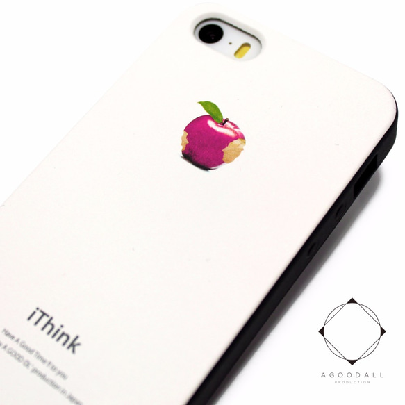 iphone5/iphone5s/iphoneSEケース☆軽量レザーケースカバー（オフホワイト×ブラック）ピンクアップル 1枚目の画像