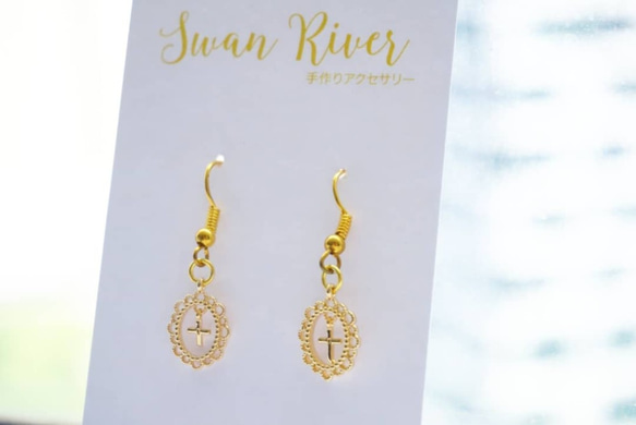 【Swan River】蕾絲十字架耳環耳夾 第2張的照片