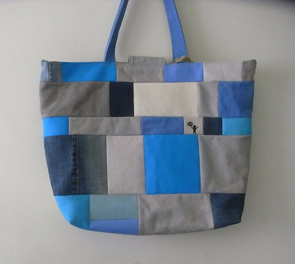 藍白色塊拼接[大]托特包 patchwork large tote bag [booboohug*布布抱抱] 第2張的照片