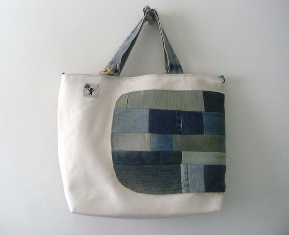 閉嘴厚帆布托特包- 單寧拼接 remade denim patchwork tote [booboohug*布布抱抱] 2枚目の画像