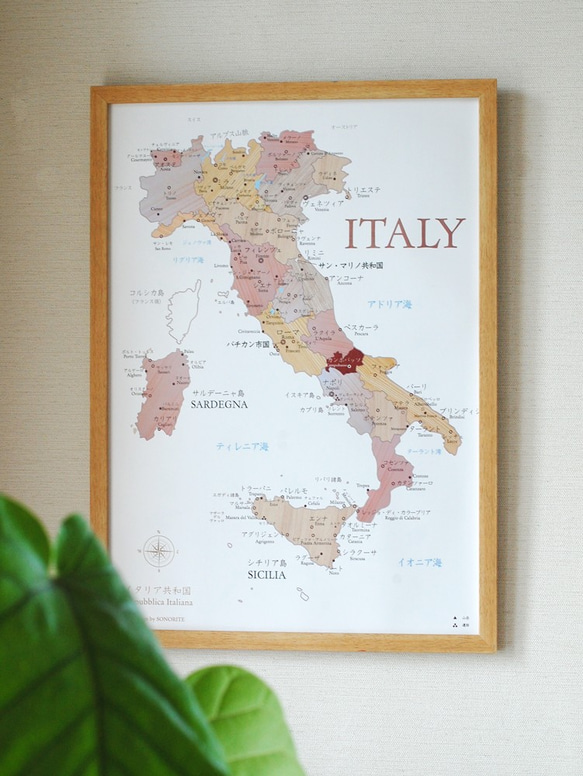 寄木風「イタリア地図」ポスターA2サイズ　木目 4枚目の画像