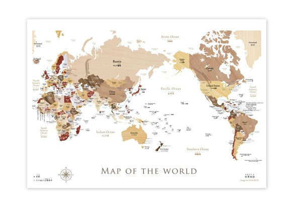 【英語＆日本語表記】木目調のおしゃれな世界地図ポスターA1サイズ　ポスター 2枚目の画像