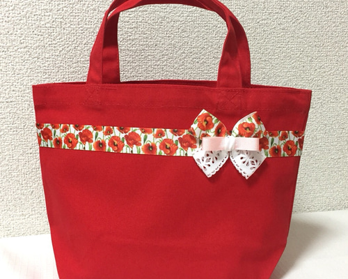 送料無料!春先取り♡ポピー柄リボン キャンバス ミニトート 送料無料!春先取り♡ポピー柄リボン キャンバス ミニトート
