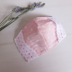 不織布マスクカバー　トーションレースｘオーガニックコットン４重ガーゼ　ほんのりピンク色　不織布が苦手な方に 2枚目の画像