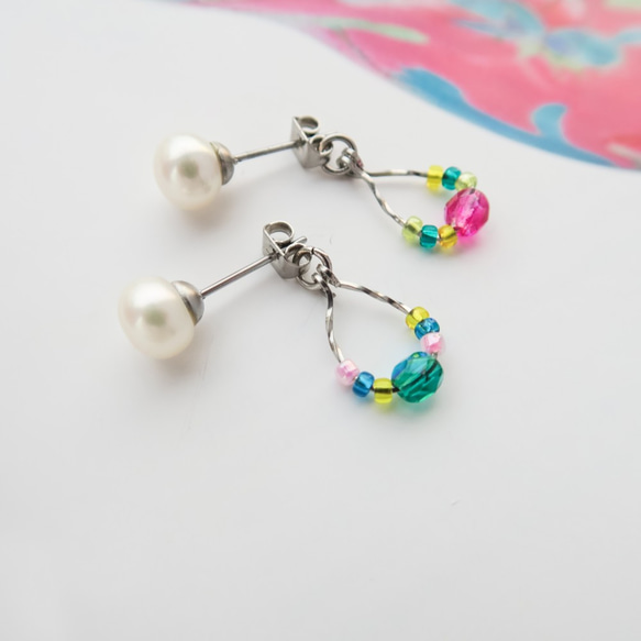 Colorful Glass | Handmade Stainless Steel Pearl Earrings 1枚目の画像