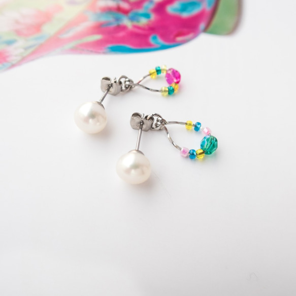 Colorful Glass | Handmade Stainless Steel Pearl Earrings 2枚目の画像