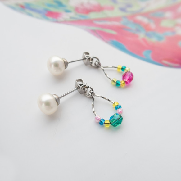 Colorful Glass | Handmade Stainless Steel Pearl Earrings 3枚目の画像