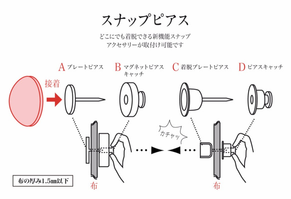 ベース11mm＊ｱﾝﾃｨｰｸｺﾞｰﾙﾄﾞ＊ブローチとスナップの進化形　どこにでも着脱できる新機能金具『スナップピアス』 3枚目の画像