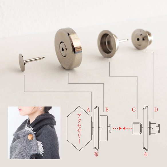 ベース7mm＊シルバー＊ブローチとスナップの進化形　どこにでも着脱できる新機能金具『スナップピアス』誕生！ 1枚目の画像