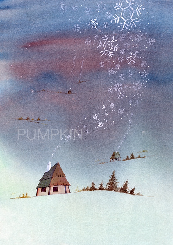 雪灯りの里 PA--A4-02 水彩画、メルヘンアート、雪、雪国、里