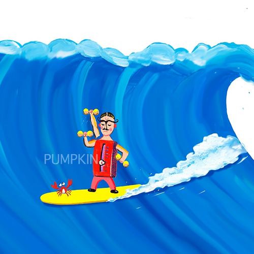 Mrマッスル-波乗り M-A4-03 アクリル画 CG イラスト サーフィン 波乗り