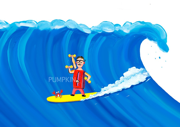 Mrマッスル-波乗り M-A4-03 アクリル画 CG イラスト サーフィン 波乗り